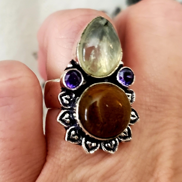 New Golden Rutile, Tiger Eye and Amethyst 925 Silver Ring. - Picture 7 of 9